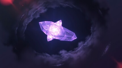 Purple crystal floating in dark space surrounded by clouds and light effects during a cosmic scene