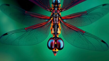 Detailed view of a dragonfly showing its wings and body structure in a natural setting with blurred green background