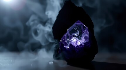 Purple crystal sits in dark rock with smoke swirling around in dim light