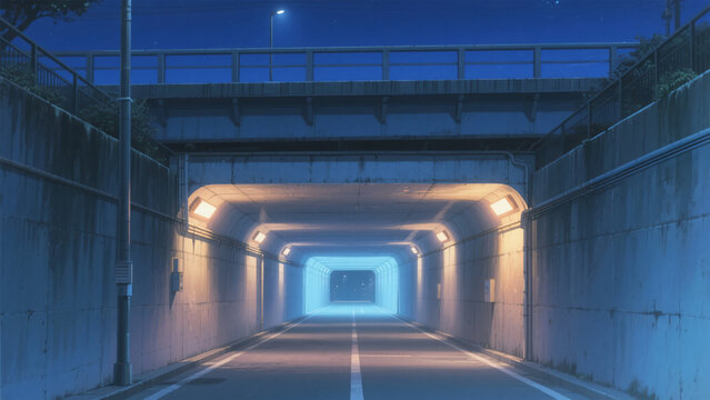 Empty Road Tunnel Under Overpass at Night