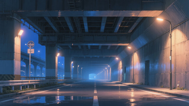Empty Road Under Overpass at Night