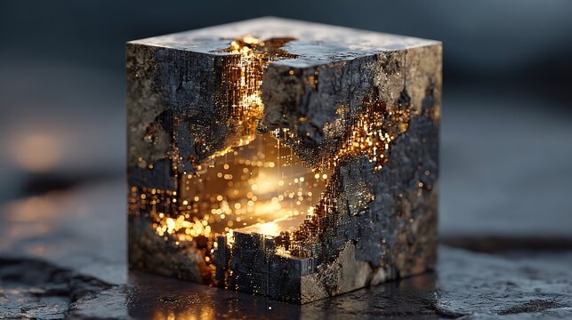 Glowing black and gold cube sculpture, tech-inspired abstract art
