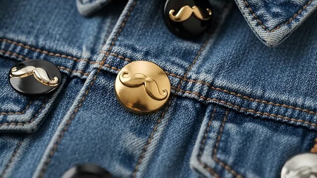 Close-up of denim jacket with unique mustache-shaped buttons.