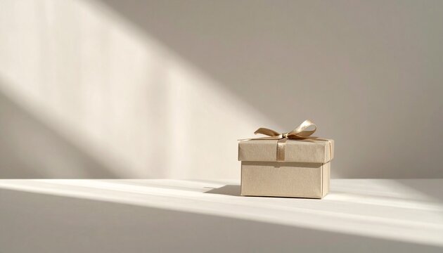 マットなニュートラル背景に、小さなギフトボックスが下隅に配置される。
柔らかな日差しと控えめな影が、二月の静かな贈り物と感謝の空気を演出。