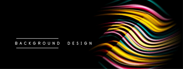 Fototapeta premium Abstract colorful lines form dynamic wave pattern. Black background emphasizes vibrant design elements. Modern aesthetic.