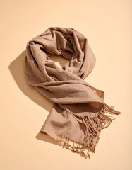 暖かみのあるマットなベージュ背景に、スカーフが静かに折り畳まれて配置される。
柔らかな光と控えめな影が、二月の穏やかな季節感を伝える。