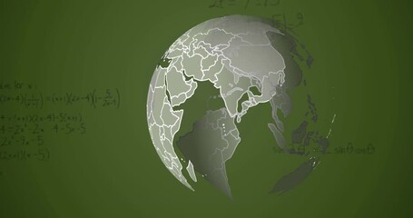 Animation of globe over mathematical equations and diagrams against abstract background - Powered by Adobe