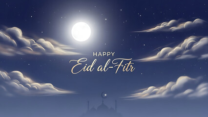 Beautiful Eid Al-Fitr night sky with a full moon, fluffy clouds, and a distant mosque silhouette