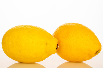 Fresh juicy yellow lemons isolated on white background, close-up.