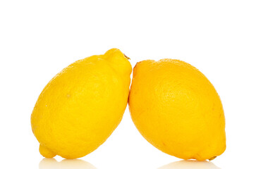 Fresh juicy yellow lemons isolated on white background, close-up.
