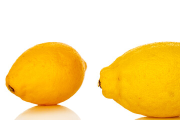 Fresh juicy yellow lemons isolated on white background, close-up.