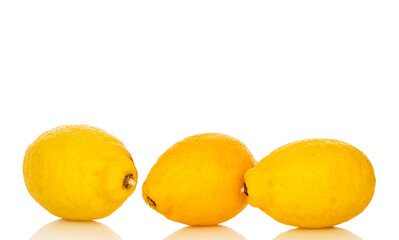 Fresh juicy yellow lemons isolated on white background, close-up.