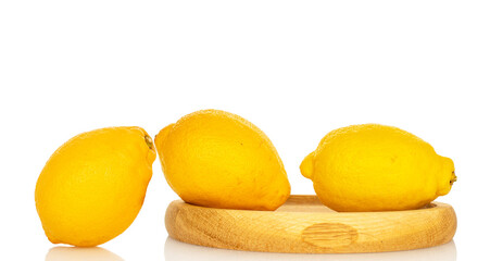 Fresh juicy yellow lemons isolated on white background, close-up.
