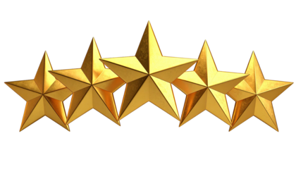 Gleaming golden stars aligned in a row against a black background. Represents achievement