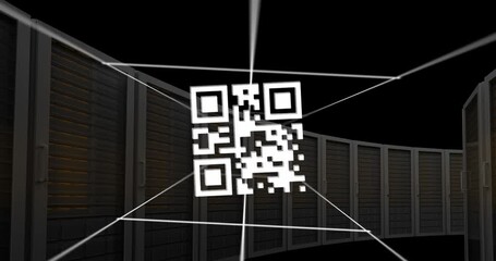 Animation of qr code on lines over server system racks against black background - Powered by Adobe