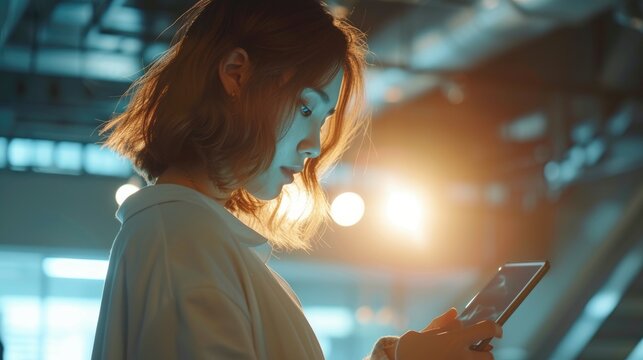 Young woman uses a tablet computer in a modern setting, bathed in warm and cool lighting.