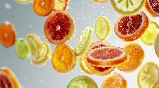 Close-up of vibrant fruit slices floating in water, with a variety of citrus fruits arranged in a visually appealing display