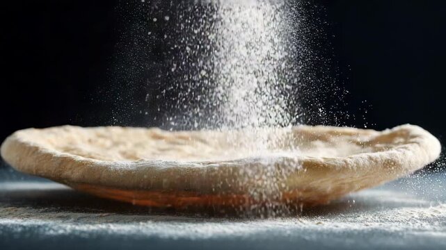 Flour being sprinkled onto raw pizza dough, creating a scene of culinary preparation