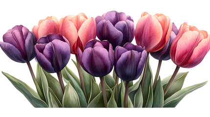 Bright tulips in various colors arranged together in a bouquet with green leaves in a simple design on a white background