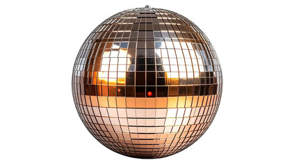 Gleaming, reflective sphere composed of mirrored tiles, capturing light, and reflections against black