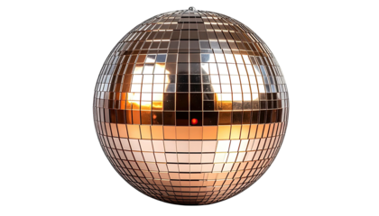 Gleaming, reflective sphere composed of mirrored tiles, capturing light, and reflections against black