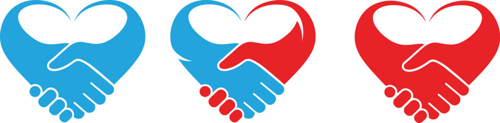 Obraz premium Handshake heart icons, unity and compassion symbols, partnership graphic set, blue red variants, flat vector illustration