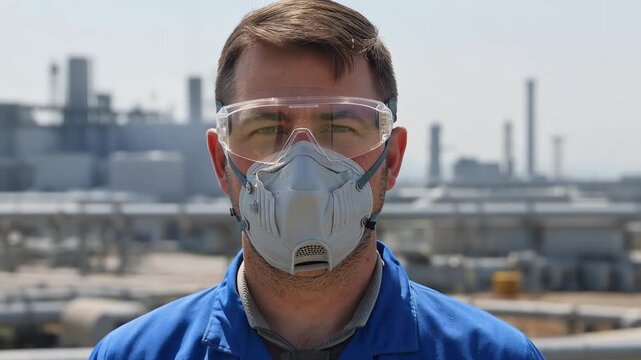 Industrial worker wearing respirator mask and safety glasses at outdoor factory site