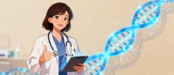 A medical professional in a lab coat gives a thumbs-up while holding a tablet with a glowing DNA double helix in the background.