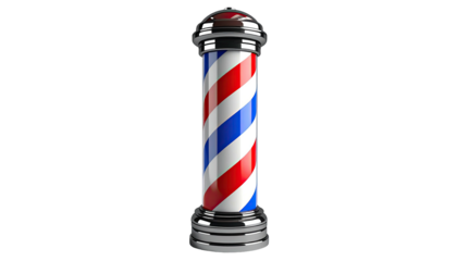Glossy barber pole with red, white, and blue stripes on a black background