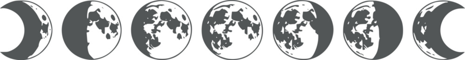 Eight phases of the moon with Earth's surface visible in each phase crescent