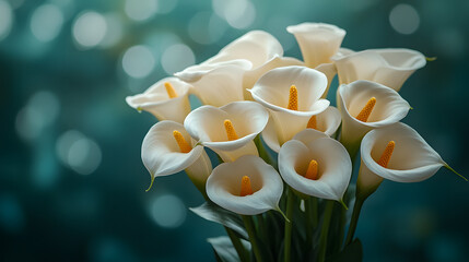 White calla lilies arranged in a bouquet against a blurred blue background during a bright day