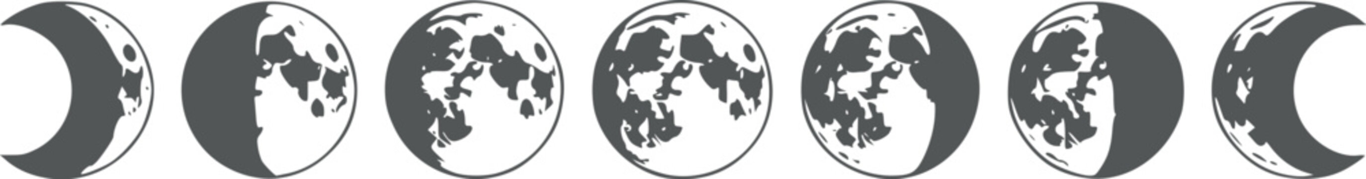 Eight phases of the moon with Earth's surface visible in each phase crescent