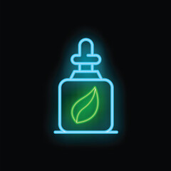 Obraz premium Glowing neon line essential oil bottle with pipette icon isolated on black background. Vector illustration