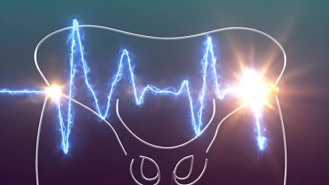 Tooth with glowing blue heartbeat signal on dark background.