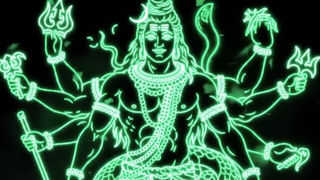 Green neon Shiva illustration with Hindu deity.