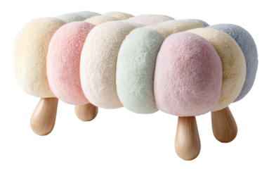 The bench seat features soft rounded sections in pastel colors. It has three legs made of wood. This design is suitable for kids in play areas or small rooms