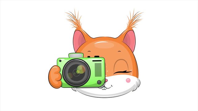 Cute cartoon squirrel with camera. Looped animation of animal  taking a picture on white background.
