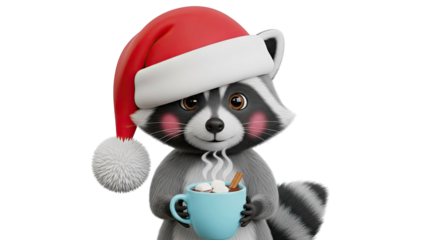 Cute Raccoon in Santa Hat Holding Hot Chocolate with Marshmallows
