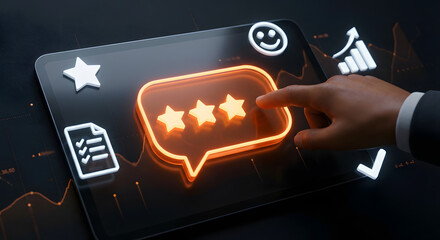 hand touching digital tablet screen showing three golden stars review and customer feedback rating with social media marketing icons and business growth charts on dark background