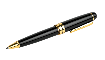 Glossy, black writing instrument with gold accents, clip, and tip, isolated on a stark black background