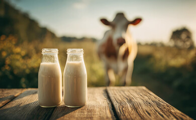 Bottles of milk on table with cow in background during sunlight in open field