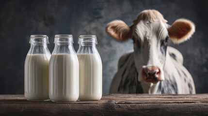 Milk bottles and a cow on a wooden table in a dark room