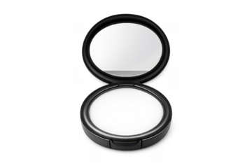 Black open compact powder case with mirror