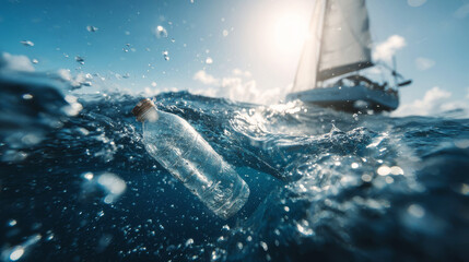 Wild water with a plastic bottle and a sailboat in the background on a sunny day at sea