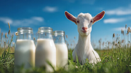 Goat stands near bottles of milk in a green field under a blue sky with clouds