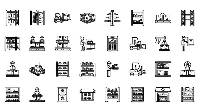 A comprehensive set of line icons depicting warehouse operations, logistics, and retail inventory management.