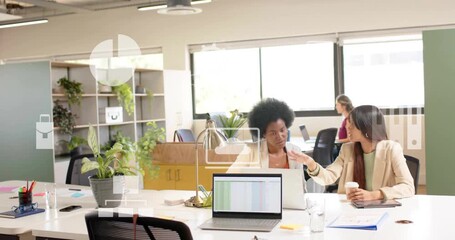 Animation of data processing over diverse business people in office - Powered by Adobe