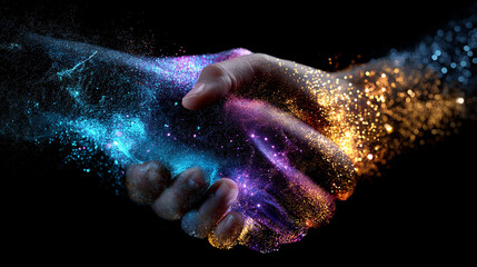 Vibrant multicolored handshake symbolizing unity and collaboration against cosmic background, partnership in universal context, with copy space