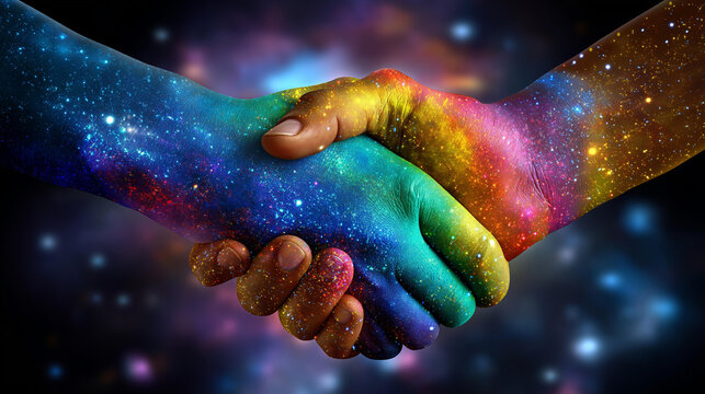 Vibrant multicolored handshake symbolizing unity and collaboration against cosmic background, partnership in universal context, with copy space