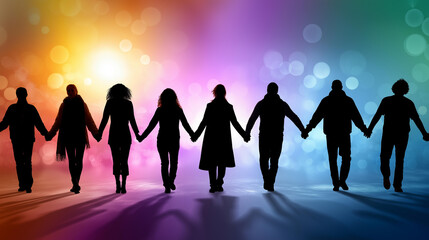 Diverse silhouettes holding hands against colorful gradient backdrop, unity visualization, inclusive community representation, with copy space